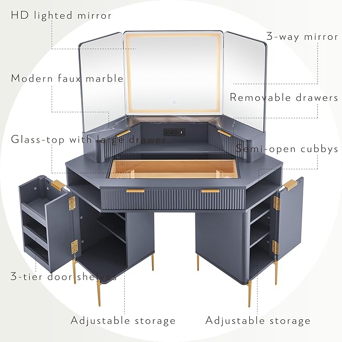 T4TREAM Corner Vanity Desk with Mirror and Lights 48 Modern Fluted Makeup Vanity with Glass Top 3-Panel Lighted Mirror &amp Charging Outlet Dressing Table with 3 Drawers &amp 2 Cabinets Dark Gr
