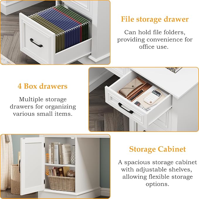 67H Farmhouse Executive Desk with Hutch.Wood Workstation with 5 Drawers Storage Cabinet File Drawers and Charging Station Ideal as Office Desks Computer Desk for Home Office and Study.Cream White