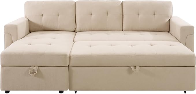 Naomi Home 85 in. Convertible Sofa with Storage Reversible L Shape Sofa Couch with Chaise Comfy Couches for Living Room Beige/Velvet