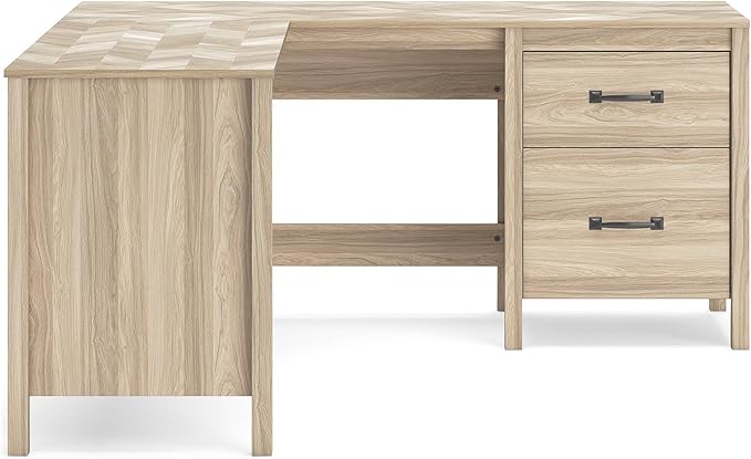Signature Design by Ashley Battelle Casual L-Shaped Chevron Pattern 60 Home Office Desk with Return Drawer and Cabinet Light Brown