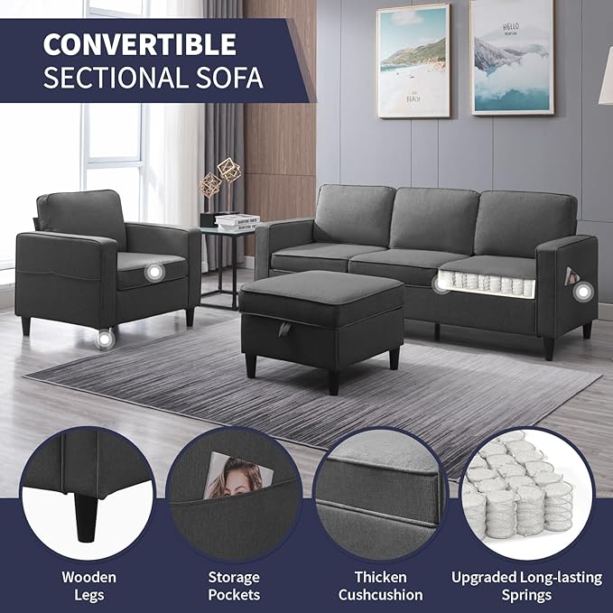 ijuicy 2PCS Sectional Sofa Set for Living Room Furniture Set Modern 4 Seat Couch Set with Ottoman L-Shaped 3 Seat Couch &amp Armchair with Side Pockets &amp Movable Storage Ottoman(3+1 Seat/Dark G