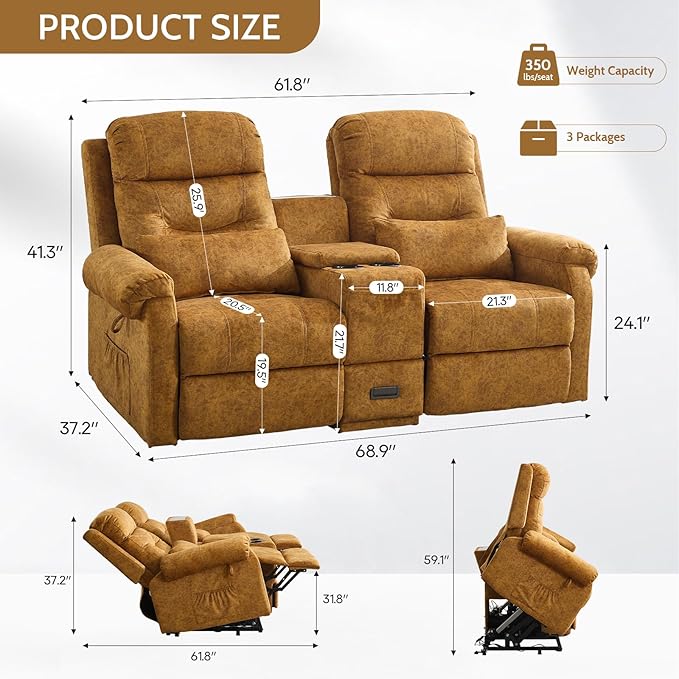 Power Lift Recliner LoveseatVelvet Reclining Loveseat Sofa RV Couch with ConsoleDual Power Lift Recliner Chair for Elderly with Heat and MassageElectric Lift Chairs for Living Room (Yellow)