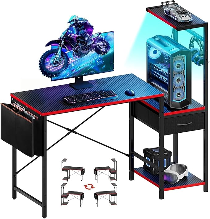 Bestier Gaming Desk with Drawer 44 Inch Small Computer Desk with PC Shelf Gaming Table with LED Lights for Small Spaces Reversible Gamer Desk with Storage Bag &amp Side Hook Black-RED