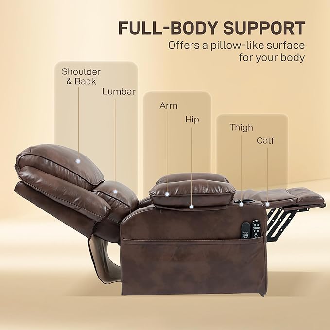 HOMCOM Power Lift Recliner Chair for Elderly Wide Faux Leather Lift Chair with Vibration Massage and Heat Overstuffed Reclining Single Sofa with Remote USB Port Side Pockets Brown