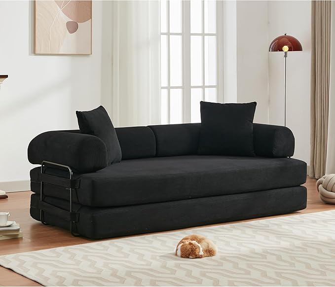 Convertible Floor Sofa Bed with Fixed-Shape Frame Modular Corduroy Folding Mattress Couch with Armrest Floor Sofa Lounge Couch for Living Room Bedroom Lounge Studio-Black