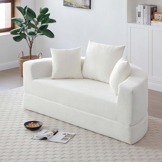 Curved Convertible Futon Sleeper Sofa Bed 67 Boneless Couch with Pull-Out Bed Corduroy Foldable Floor Mattress for Living Room No Assembly Required Round Beige