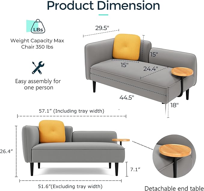 2 Seater Couch Small Love Seat Couches for Small Spaces Bedroom Living Room 57 Mini Sofa Apartment Size Couch Linen Retro Loveseat with Pillow and Removable Tray (Gray Right)