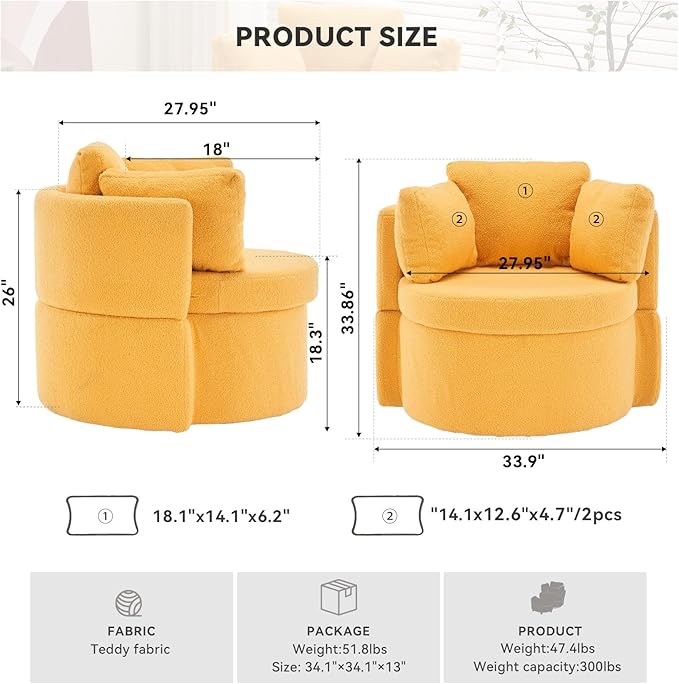 FOXHUNTER Swivel Barrel Chair 360 Degree Swivel Round Storage Chair with 3 Pillows Oversize Teddy Swivel Accent Chair Comfy Single Sofa Chair for Nursery Living Room Bedroom (Yellow)
