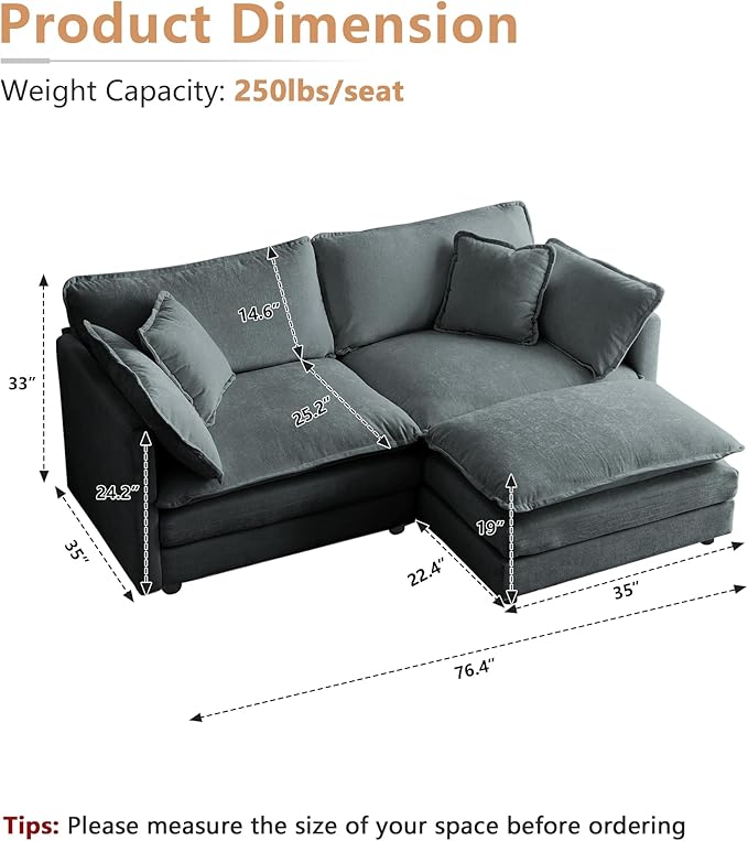 mikibama Modular Sectional Sofa 76.4 Inch L Shaped Couch Set for Living Room Loveseat Comfy Cloud Couches with Movable Ottoman DIY Combination Chenille Grey