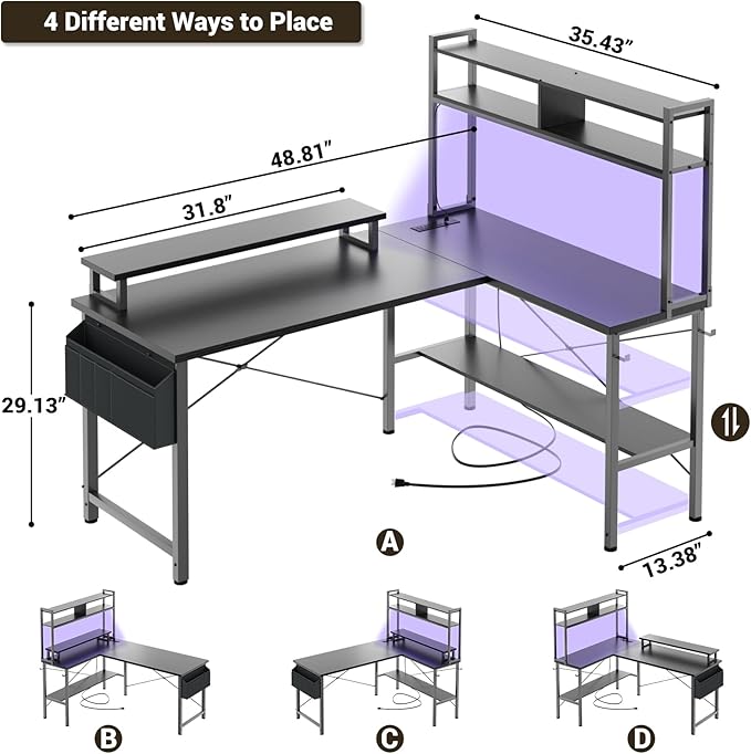 Aheaplus L Shaped Gaming Desk with Power Outlets &amp LED Lights Small L- Shaped Desk Computer Corner Desk with Monitor Stand &amp Storage Shelf Home Office Desk Writing Desk with Storage Bag Bla