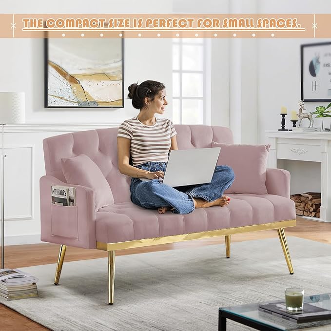 Small Velvet Loveseat Sofa 55.5-inch Modern Sofa Couch with with 2 Side Pockets Modern Tufted Sofas with Golden Metal Legs Upholstered Space Saving Love Seat for Living Room Bedroom Office Pink