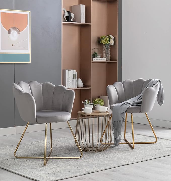 Velvet AccentConversation Lounge Chair with Iron Metal Gold Plated Legs Suitable for Office Lounge Living Room Set of 2 Grey