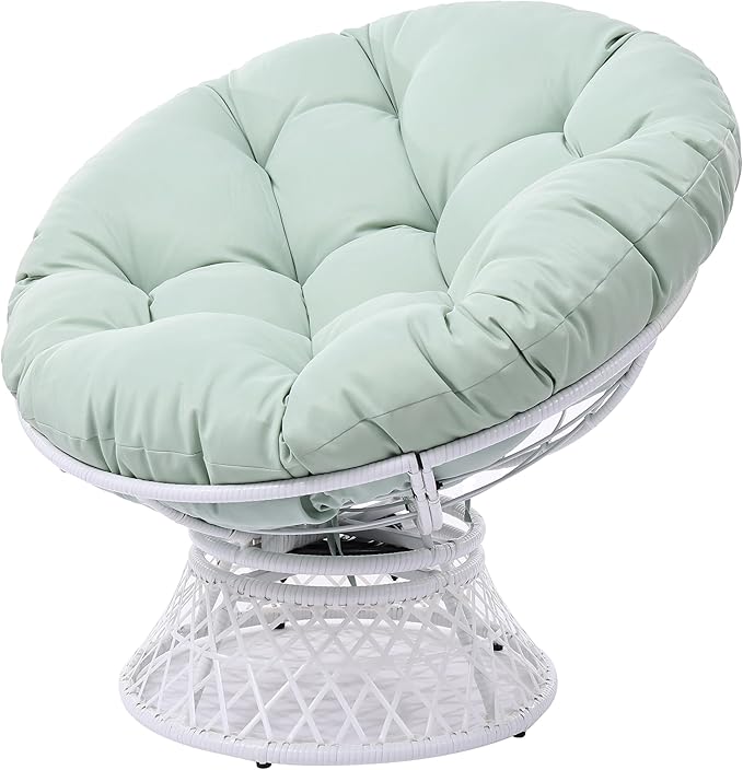 360° Swivel Papasan Chair - 350lbs Capacity Indoor/Outdoor Wicker Lounge Chair with Thick Cushion Modern Accent Chair for Living Room Bedroom Patio (White &amp Aqua Cushion)