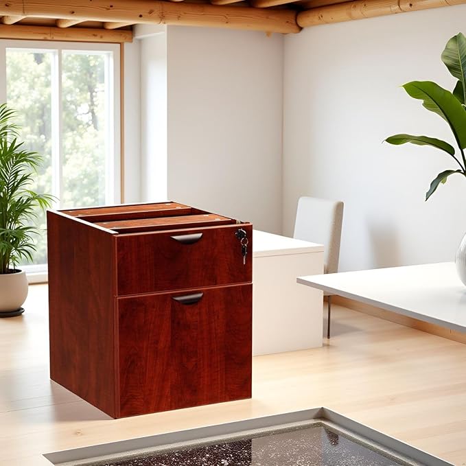 Hanging Pedestal Mahogany Finish Three Quarter Box File Storage Cabinet Mobile Mount Under Desk Organizer Vertical Filing Unit Durable Wood Composite Construction Lockable Drawer Smooth Glide