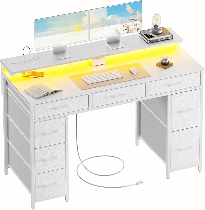 HLDIRECT 47 inch Computer Desk with 8 Storage Drawers Gaming Desk with LED Lights &amp USB Power Outlets Home Office Table with Monitor Stand Study Writing Work Table for Bedroom White