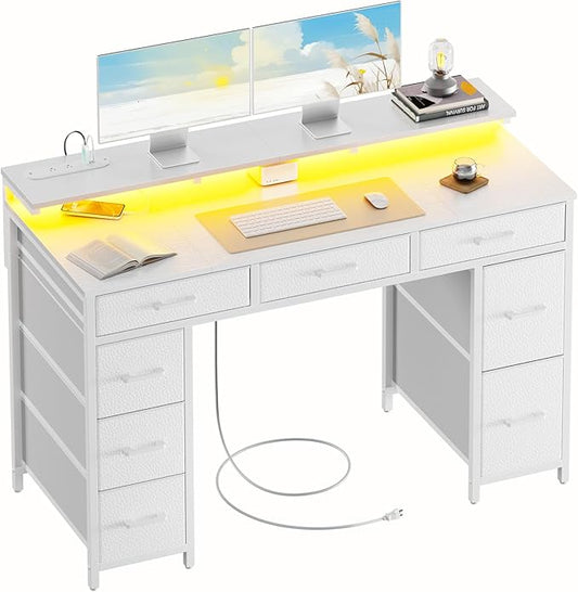 HLDIRECT 47 inch Computer Desk with 8 Storage Drawers Gaming Desk with LED Lights &amp USB Power Outlets Home Office Table with Monitor Stand Study Writing Work Table for Bedroom White