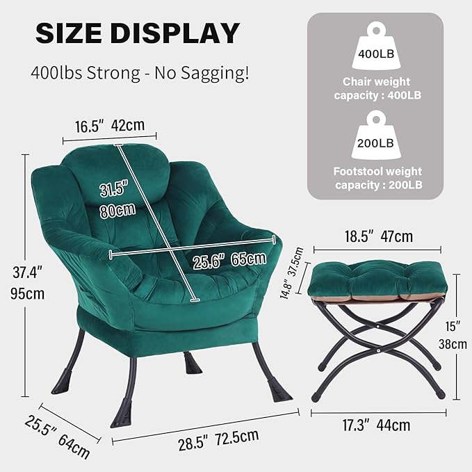 Tiita Lazy Chair with Ottoman Green Modern Large Accent Chair Comfy Leisure Sofa Armchair with Ottoman Reading Chair with Footrest for Bedroom Living Room Dorm Rooms Velvet Green