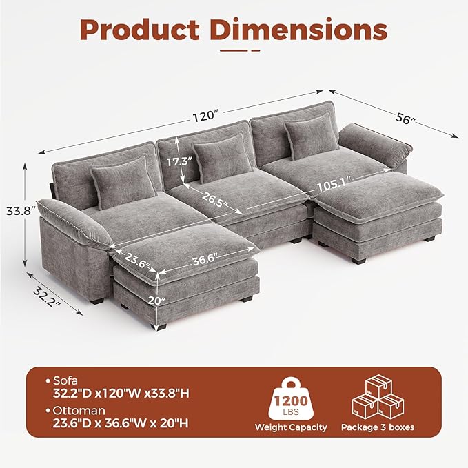 CDCASA 154 Oversized Modular Sectional Sofa Comfy U-Shaped Cloud Couch w/ 3 Movable Ottomans 7-Seater Chenille Deep Seat Modern Sofa Couch for Living Room Grey