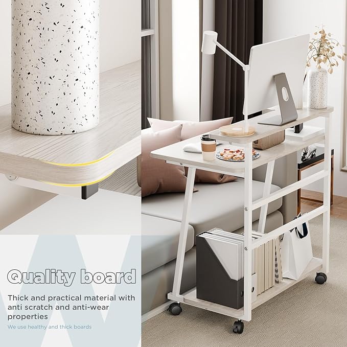 Rolling Computer Desk on Wheels for Small Space 3-Tiers Home Office Desk with Monitor Stand and Storage Shelves Freestanding Mobile Writing Table Laptop Table White