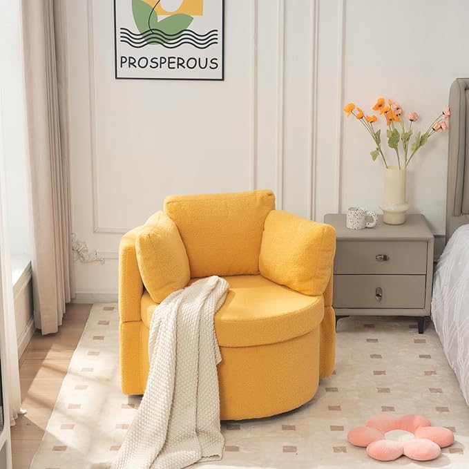 FOXHUNTER Swivel Barrel Chair 360 Degree Swivel Round Storage Chair with 3 Pillows Oversize Teddy Swivel Accent Chair Comfy Single Sofa Chair for Nursery Living Room Bedroom (Yellow)