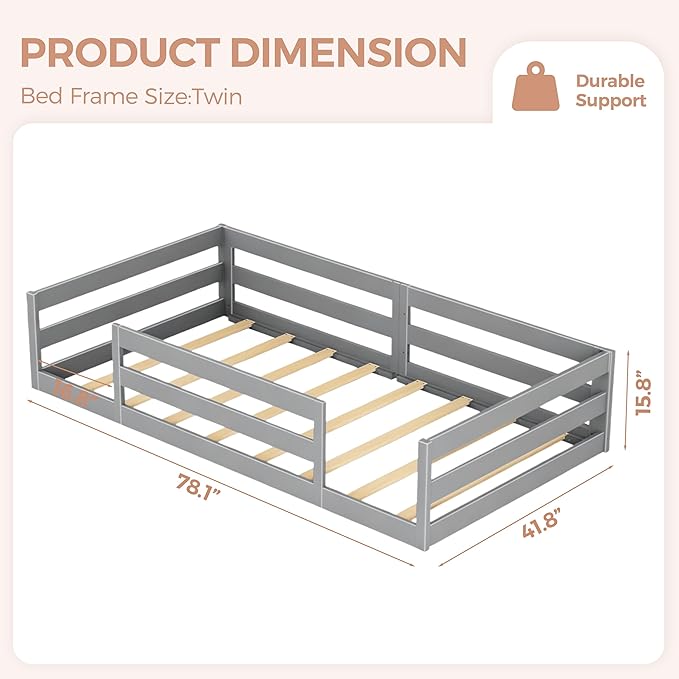 Twin Size Floor Bed for Kids Toddler Floor Bed with Safety Guardrails Solid Wood Montessori Bed Frame