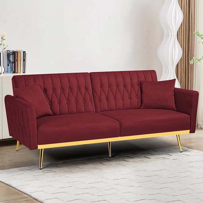 70 Velvet Futon with Adjustable Backrest and Armrests Sofa Bed with Extra Pillows for Waiting Room Living Room and Office Red