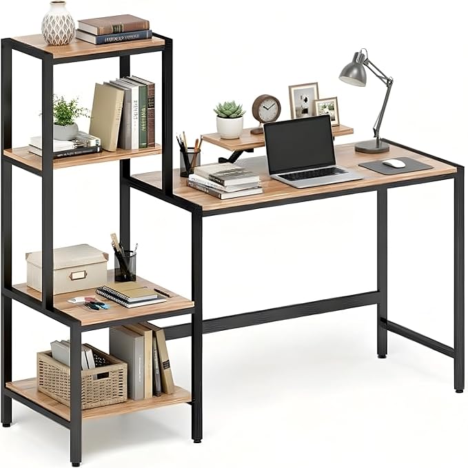 Computer Desk with Reversible Shelves Small Home Office Desk with Monitor Stand Metal Frame Wood Work Desk with Storage for Study Workspace