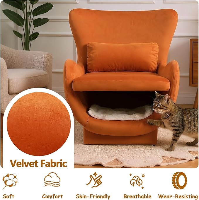 Orange Accent Chair with Curved Arms Velvet Upholstered Wingback Chair with Lumbar Pillow Comfy Reading Chair with Cat House for Bedroom Living Room 300 LBS Capacity (B)