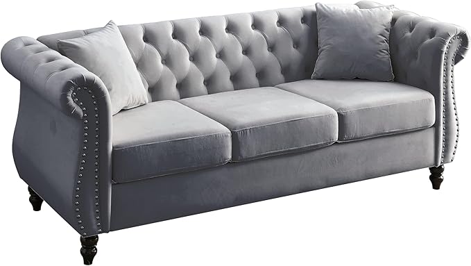 KEIKI Chesterfield Sofa Retro Style Upholstered 3+3 Seats Velvet Couch with Rolled Arm for Living Room Bedroom Office Grey