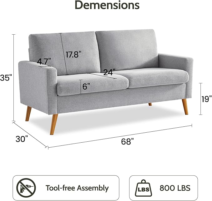 WEUP 68 Loveseat Sofa Light Gray Fabric Couch Mid Century Modern Loveseat Couches for Living Room Light Gray