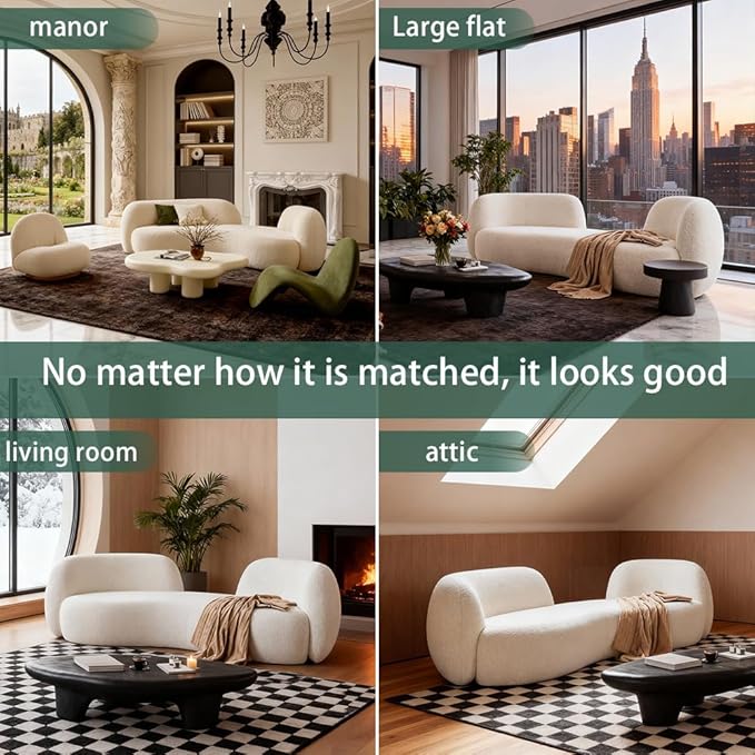 Arc Shaped Sofa Creamy Style Lamb Velvet Couch Modern and Simple Living Room Small-Sized Beauty Salon Clothing Store Reception and Rest Area Settee (White 94.5 inches)