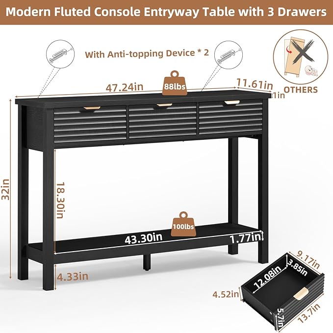 LEYAOYAO Fluted 47.2 Console Table with 3 Drawers Modern Wood 2 Tier Entryway Table with Open Storage Shelf Boho Sofa Entry Tables Behind Couch for Living Room Hallway Entrance Foyer Black Oak