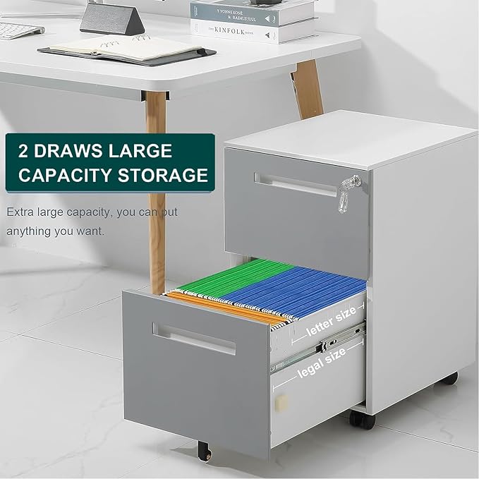 2 Drawer Mobile File Cabinet with Lock &amp Wheel Under Desk Rolling Vertical Filing Cabinet Anti-Tipping Design Metal Storage Cabinet for Legal Letter A4 (Gray)