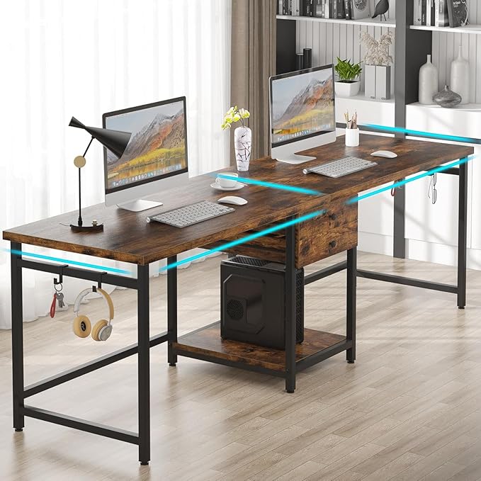 79 Inch Brown Two Person Desk with Drawers Extra Long Desk with Storage Shelves Double Home Office Desk with Hooks 2 Person Writing Study Table Workstation for Home Office