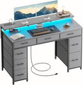 HLDIRECT 47 inch Computer Desk with 8 Storage Drawers Gaming Desk with LED Lights &amp USB Power Outlets Home Office Table with Monitor Stand Study Writing Work Table for Bedroom Grey