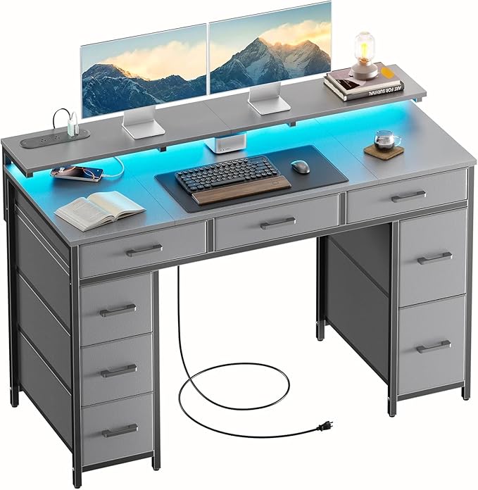 HLDIRECT 47 inch Computer Desk with 8 Storage Drawers Gaming Desk with LED Lights &amp USB Power Outlets Home Office Table with Monitor Stand Study Writing Work Table for Bedroom Grey