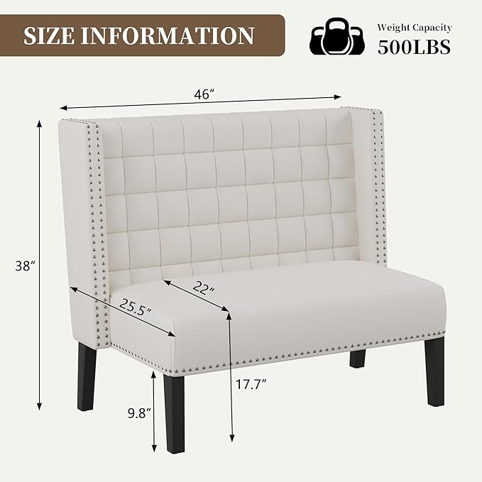 Yongqiang Modern Tufted Loveseat Settee White Faux Leather Upholstered Bench with Back for Kitchen Dining Room Living Room High Back Banquette Seating Sofa Couch with Wood Legs