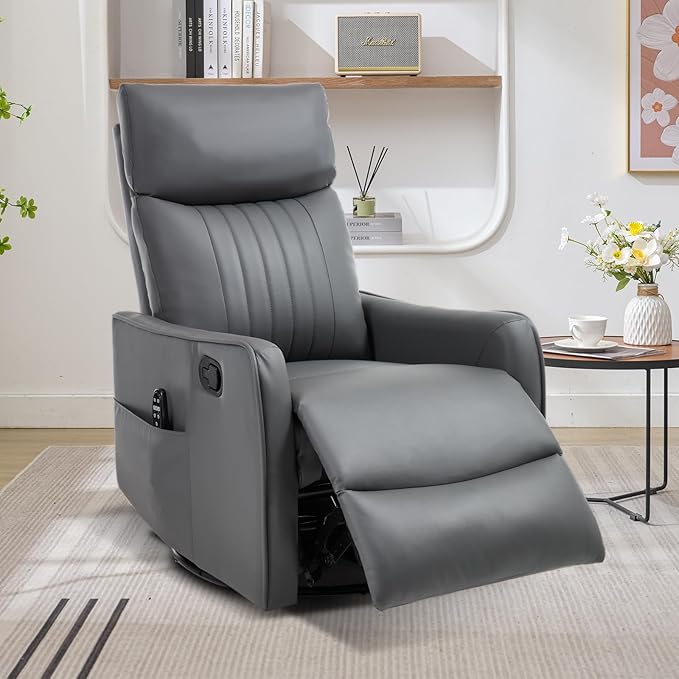 Swivel Rocker Recliner Chair 360° Swivel Recliner with Heat and Massage Rocker Recliner Nursery Glider Chair with Side Pockets for Living Room (Grey Faux Leather)