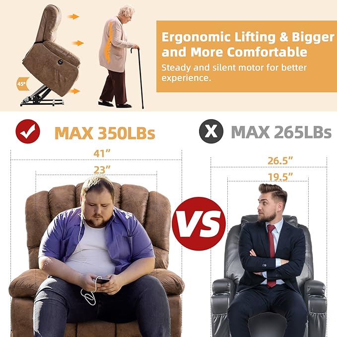 Large Electric Power Lift Chairs Recliners for Elderly Big Man with Massage and Heat Oversized Wide Reclining Chairs for Living Room with 2 Remote Controls/USB Ports/Side Pockets(Brown)