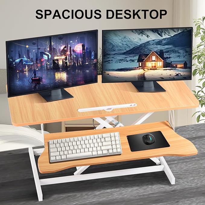 38-Inch Height Adjustable Standing Desk Converter Duals Monitor &amp Laptop Riser with Wide Keyboard Tray Sit to Stand Ergonomic Workstation for Home Office School Business Log Color
