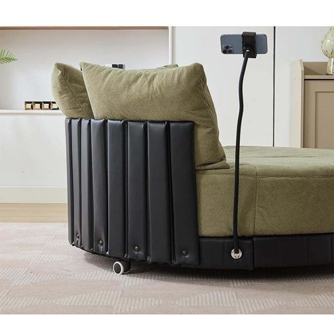 Polibi 52.75 Round Swivel Barrel Chair with Phone Holder and 360°Rotating Pulley Polyester Upholstered Chaise Lounge Oversize Single Sofa Chair for Living Room Bedroom Green