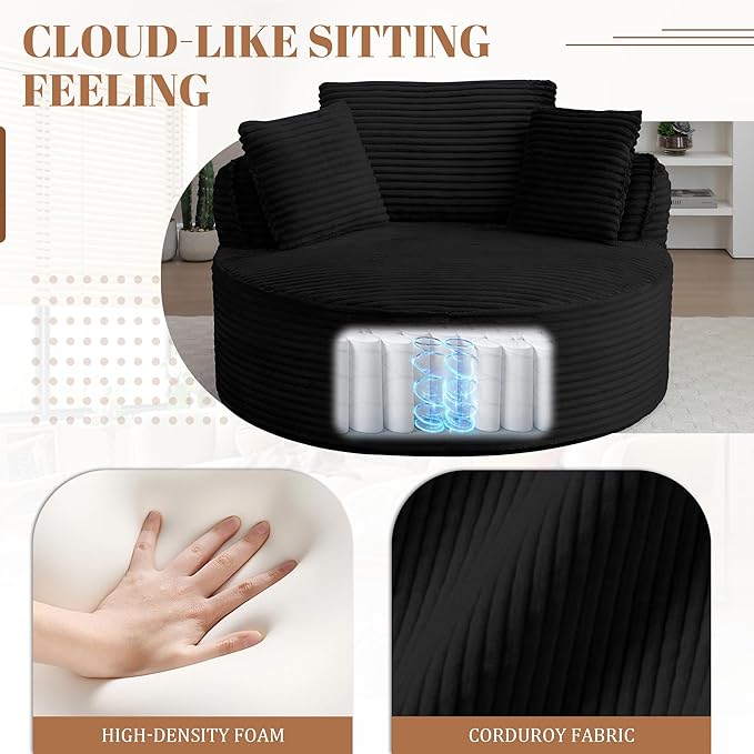53W Oversized Round Chair Lounge Chaise Indoor Corduroy Comfy Circle Reading Armchair Upholstered Modern Cloud Boneless Chairs Cozy Floor Sofa Chair for Living Room Bedroom Apartment(Black)