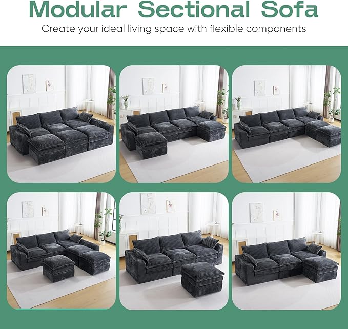 113 Modular Sectional Sofa Oversized L-Shape Cloud Sectional Couch with Deep Seat Modern Boneless Cloud Couch with Side PocketsUpholstered Comfy Sectional Couch for Living Room CorduroyGrey | No
