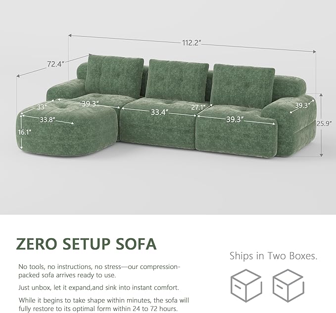 112'' Modular Sectional Sofa Couch with Chaise Full-Foam Structure Compression Packaging Design Woven Texture Upholstery Oversized Modern Sofa for Living Room – Sage Green