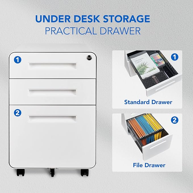 FLEXISPOT Metal File Cabinet for Under Desk Storage Mobile 3 Drawer File Cabinet Round Corner Design Filing Cabinets for Home OfficeWhite