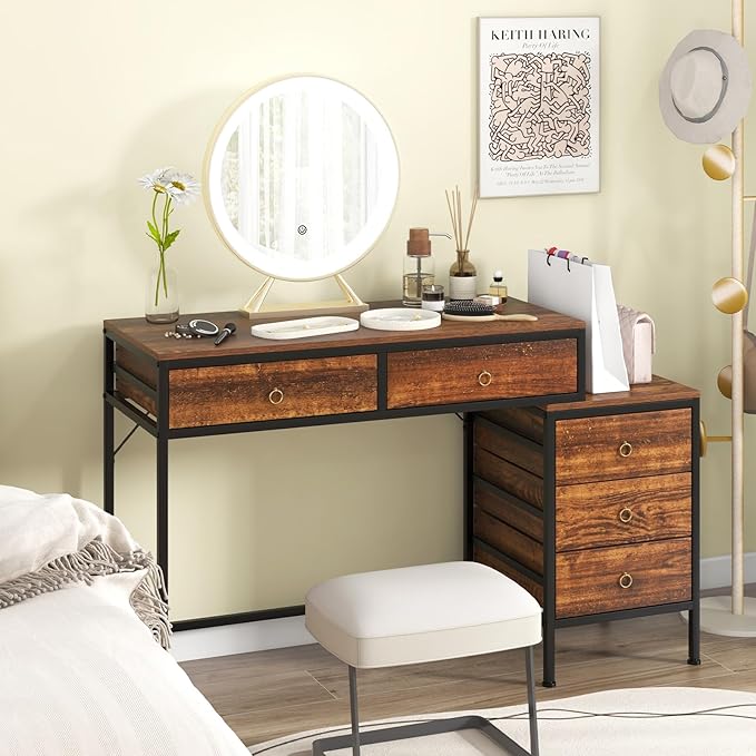 Tangkula Computer Desk with 5 Drawers 51 Home Office Desk with Printer Stand Metal Frame Study Writing Table Industrial Computer Workstation PC Desk for Bedroom Office Small Space Rustic Brown