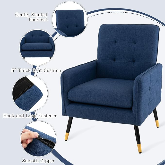 GOFLAME Modern Accent Chair Set of 2 Upholstered Leisure Armchair with Metal Legs Removable Seat Cushion Adjustable Foot Pads Linen Fabric Single Sofa Chair for Living Room Bedroom Office Blue