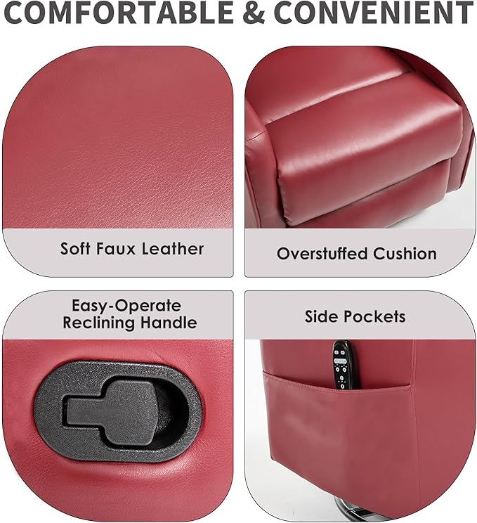 Swivel Rocker Recliner Chair 360° Swivel Recliner with Heat and Massage Rocker Recliner Nursery Glider Chair with Side Pockets for Living Room (Red Faux Leather)