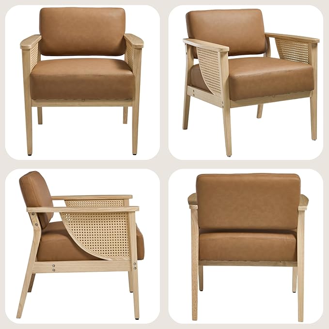 Mid Century Modern Accent Chair Rattan Armchair with Wood Legs Living Room Chair PU Leather Upholstered Lounge Chair for Bedroom Reading Room Brown
