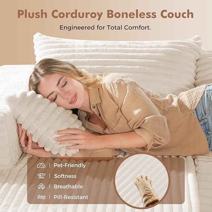 ELUCHANG 108” Modular Sectional Sofa Comfy Cloud Couch with Deep Seat Modern L-Shape Sofa with Chaise Upholstered Boneless Couch for Living Room Bedroom No Assembly Required Corduroy Beige